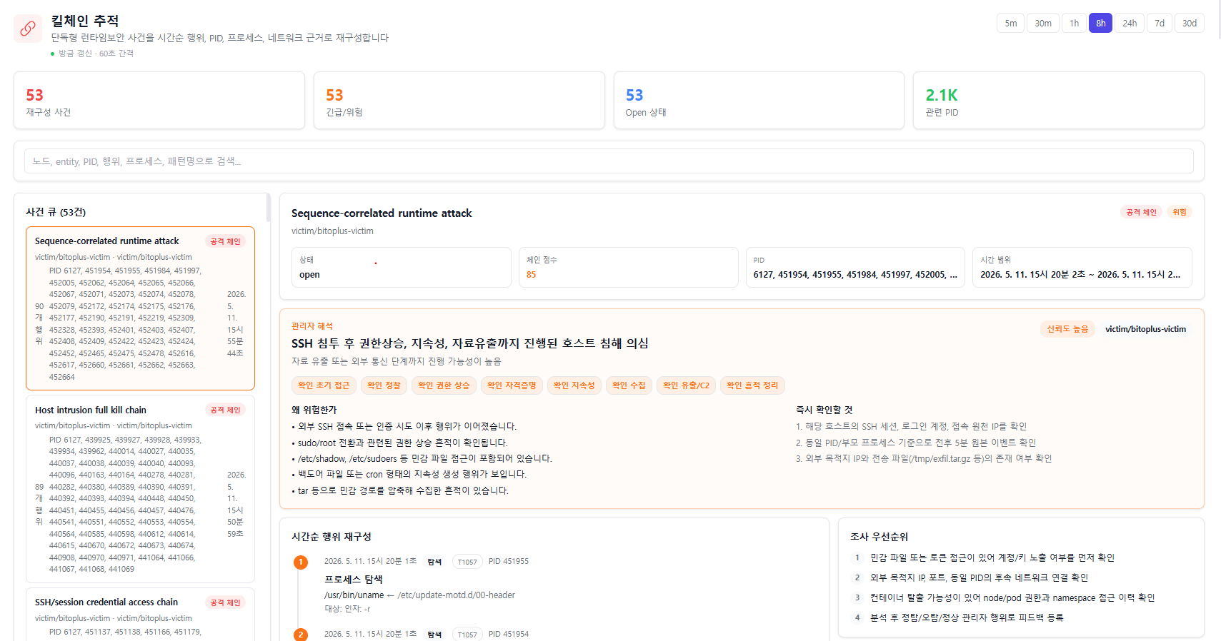 킬체인 추적 — 시간순 공격 시나리오 재구성